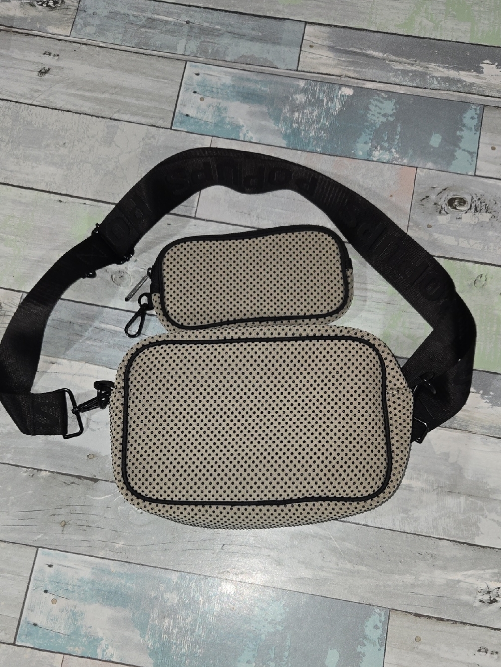 Popups Beige Perforated Crossbody Purse/Bag with Black Polka Dots